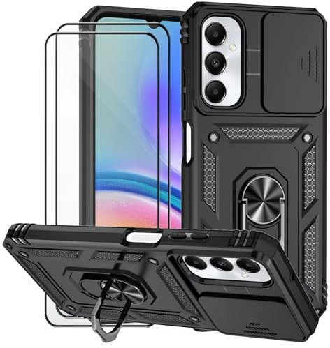 Dechyi Coque pour Samsung Galaxy A05s avec Verre TrempéLentille Coulissante Couverture Support d’Anneau Rotatif Armor Silicone Étui Antichoc Housse Bumper-Noir