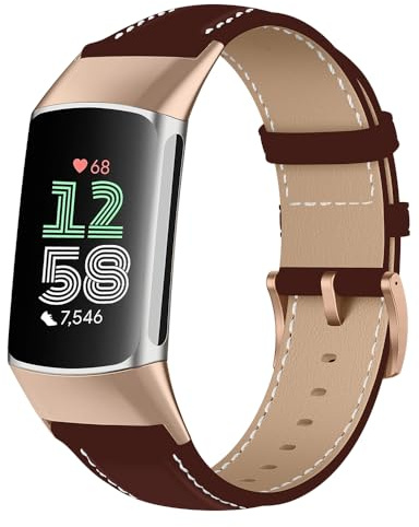 Niboow Leder mit Edelstahl Schnalle Armband für Fitbit Charge 6/5 (Braun) | Klassisch Weiches Leder Ersatzarmbänder Herren Damen Schweißresistent Uhrenarmband für Fitbit Charge 6/Charge 5
