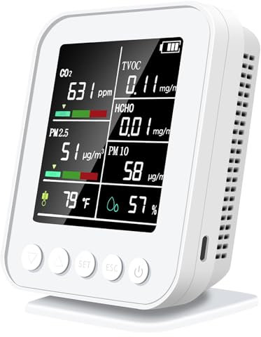 ZHUOTHAN Smart 7 in 1 Air Quality Monitor with PM2.5, CO2 Detector with Alarm, Temperature & Humidity Sensors, LED Display, 2s Refresh, 2-Year Data Storage, for Home & Office, 14.5*10*4.8CM, white