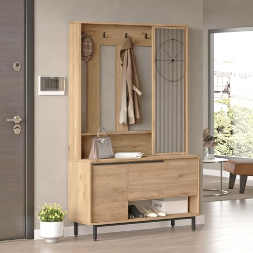 [en.casa] Kompaktgarderobe Vesanto Garderobenständer Kleiderständer Garderobenschrank mit Spiegel Garderobe 178 x 112 x 36 cm Garderobenregal mit Schuhschrank Flurgarderobe Kleiderregal Eiche