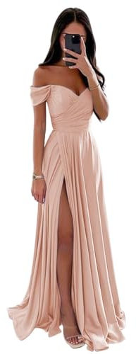 Schulterfrei Brautjungfernkleider Frauen Langer Satin A-Linie V-Ausschnitt Rüschen Ballkleider Formelle Abendkleider Rose Gold 38