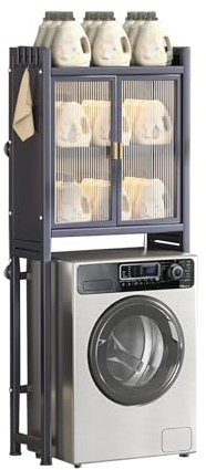 SHZYJBRY Over Washer and Dryer Shelves, 3-Tier Laundry Room Storage, 2-Door Freestanding Rack Space Saver, Metal Clothes Drying Rack with Hook