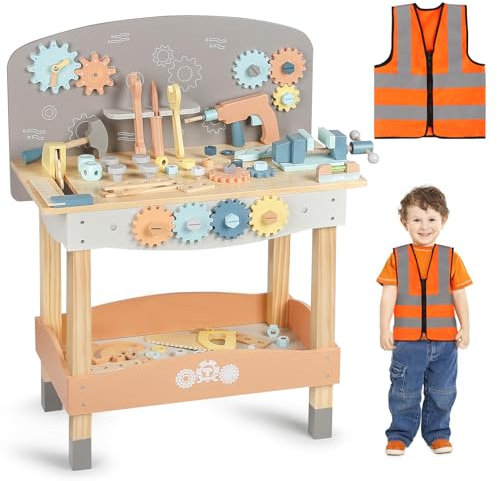 DINORUN Banco Herramientas Juguete Juguetes Niños Caja Herramientas Juguete con Chaleco, Juegos Educativos Regalo Niño 3 4 5 6 Años