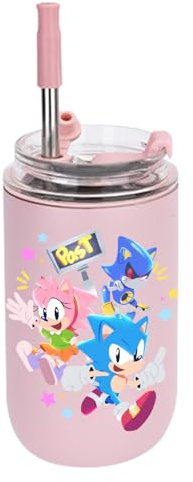MAJEQZGY Sonic Wasserflasche 280 ml Auslaufsicher Trinkflasche mit Strohhalm Trinkbecher Edelstahl Flasche für Arbeit, Reisen, Outdoor, Schule (Rosa PAST)