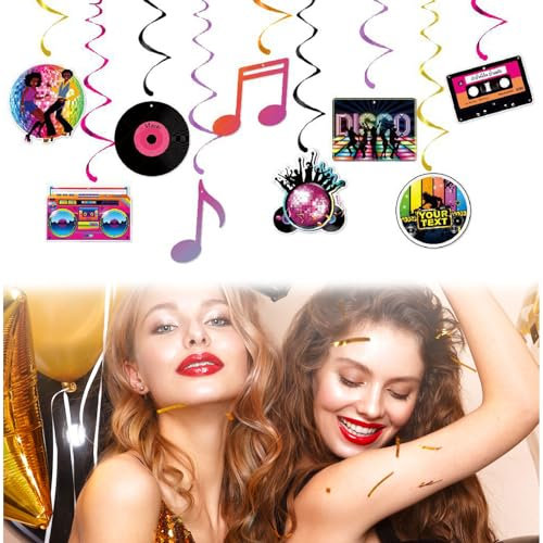 90er Thema Party Dekorationen, 9pcs Disco Deko Party, Karneval Party Dekoration, Neon Partylicht Girlande Accessoires, Bunte 90er Rückblick Musikgesteuertparty Luftschlangen, Faschingsparty Dekoration