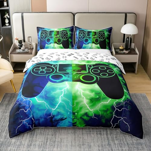 Loussiesd Gamer Gaming 100% Baumwolle Bettwäsche Set 155x220cm Blitze Gamepad Betten für Spielkonsole Betten Grün Blau Modern Bettwäsche-Set