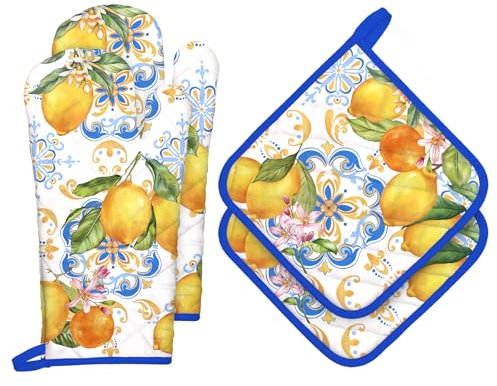 Arquiel Summer Lemon Oven Mitts and Pot Holders -100% Cotton, Heat Resistant Extra Long Oven Gloves & Hot Pads for Cooking BBQ Grilling Baking Gift, Set of 4