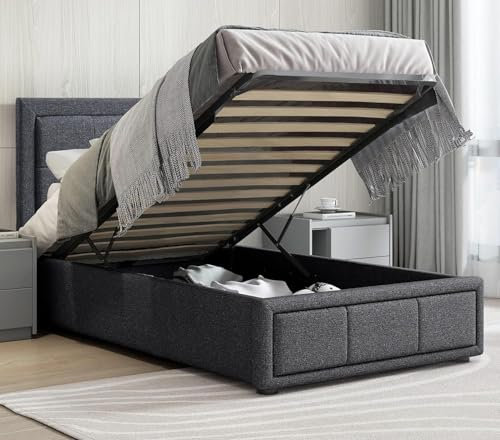 Single Bed Frame, 3ft Single Upholstered Ottoman Bed, Dark Grey Linen Fabric Ottoman Storage Bed with Gas Lift End Opening Wooden Slats with Storage Bed (3ft Single, No Mattress)
