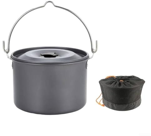 Jotekonoby Outdoor-Hängetopf, 4 l, Aluminium, Lagerfeuer, Kochtopf, antihaftbeschichtet, verschleißfest, tragbar, leicht, Kochgeschirr für Camping, Wandern, Picknick (schwarzer Deckel)