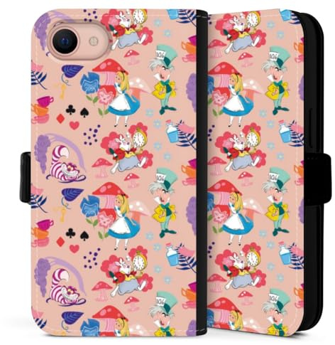 Klapphülle kompatibel mit Apple iPhone 16 e Handyhülle aus Kunst Leder schwarz Flip Case Disney Alice im Wunderland Muster