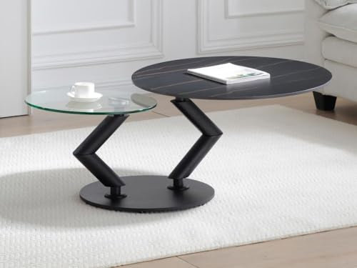 Vente-unique-Mesa de Centro con Tapas giratorias de cerámica, Cristal Templado y Metal - Efecto mármol Negro - ELDOVA