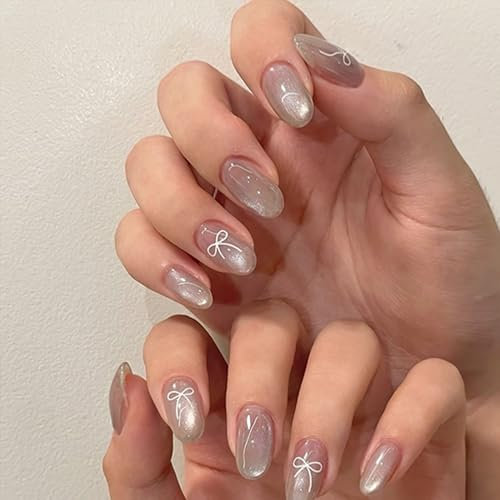MOTIBACK Almond Press On Nails Short - 24PCS Oval False Nails with Jelly Glue, Natural Looking Stick on Nails for Women (12 Sizes) with Jewellery Bow
