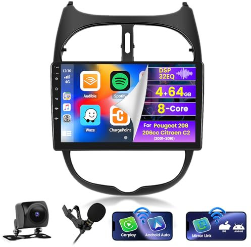 Roinvou 8 Cœurs 4G+64G Android Autoradio pour Peugeot 206 206cc/Citroen C2 2001-2016 sans Fil Carplay/Android Auto, 9'' Écran Tactile Radio FM/RDS 32EQ DSP WiFi Bluetooth GPS 59UI SWC Caméra de Recul