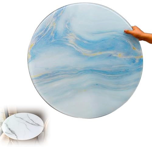 Mesa redonda de vidrio templado azul de 100 cm, superficie plana de cristal con vetas de mármol, tablero de vidrio templado transparente duradero para una decoración elegante del hogar