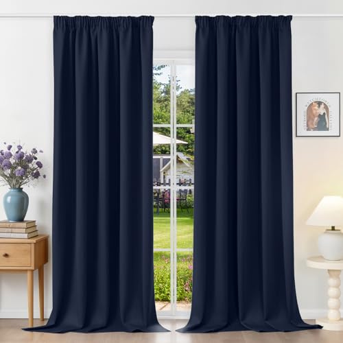 Runyéla Gardinen mit Kräuselband Vorhänge Blickdicht Marineblau Verdunkelungsvorhänge 2er Set 245 x 140 (HxB) für Schienensystem, Thermovorhänge Kälteschutz Schiebegardinen für Wohnzimmer Curtain