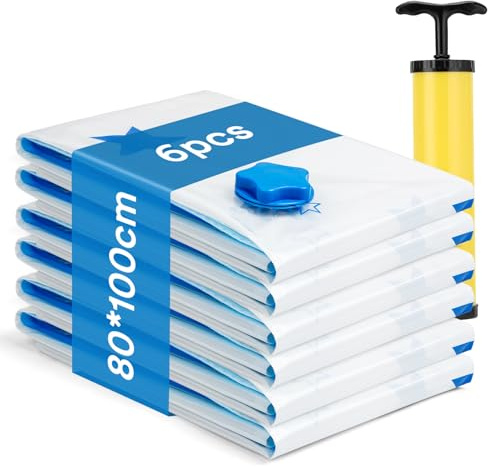 AIyvisun 6pcs Sac Sous Vide Vetement Aspirateur 80 * 100 cm avec Pompe, Jumbo Sac de Rangement Sous Vide Gain de Place, Sac de Compression pour Voyage Couette Rangement