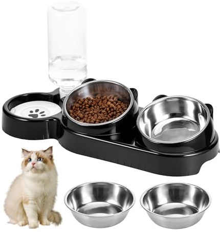 TranRantic 3-in-1 Katzennapf, Katze Futternapf und Wassernapf-Set | 15°Geneigte Edelstahl Katzennäpfe mit Wasserspender, Erhöhte Katzenfressnapf für Katzen und Kleine Hunde (Schwarz)
