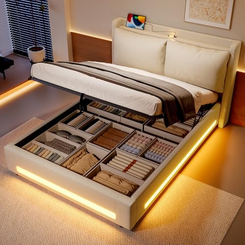 Yihomfy Polsterbett mit Stauraum aus Samt, 140x200 cm Beige, Stoffbett mit Bettboxen & abnehmbarem Kopfkissen, Modernes Doppelbett Stauraumbett Funktionsbetten Bettgestell, Inkl. Lattenrost