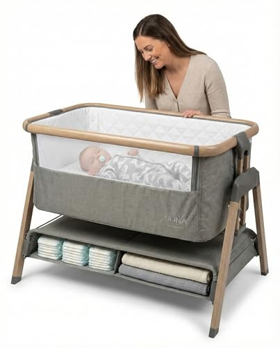 Venture Sona Next To Me Crib – Adjustable Baby Bed with Dropside, Premium Mattress, Breathable Mesh & Storage Shelf - No-Tool Assembly Bedside Baby Crib, Bassinet for Newborns 0–6 Months - Grey