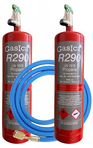ALL4SALE 2 Envases con Manguera de Gas Refrigerante R290 Alta Pureza | Ecológico | Máxima Eficiencia Energética | Compatible con Aires Acondicionados, Bombas de Calor y Equipos de Refrigeración