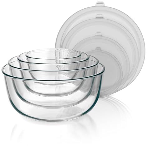 Arendo - Salatschüssel aus Glas mit Deckel - Glasschüssel 4er Set - 700ml + 1100ml + 2700ml + 4400ml – Rührschüsseln klein bis groß – Borosilikatglas - Glasschale Salatglasschale
