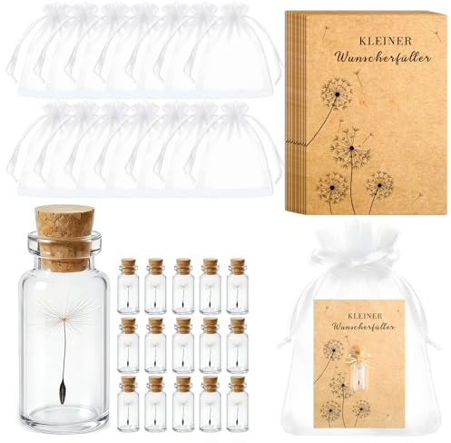 Giftota 15 Set Wunscherfüller Glücksbringer, Echte Pusteblumen im Glas | mit Grußkarte, Mullbeutel und Hanfseil, Perfekte Dankeschön Geschenke für Frauen zum Geburtstag, Hochzeit und Jubiläum