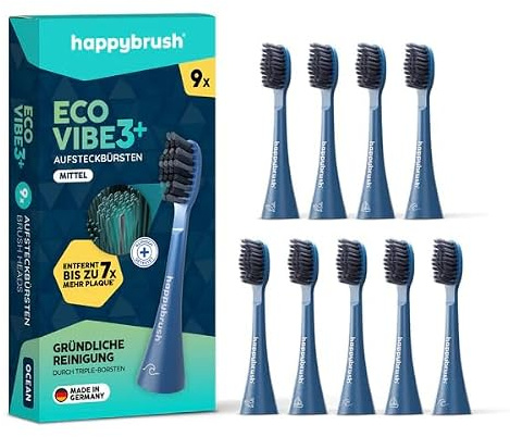 happybrush Aufsteckbürsten 9 Stück für elektrische Schallzahnbürste VIBE 3 | Original Ersatzbürsten mit abgerundeten Borsten(Blau/Ocean)