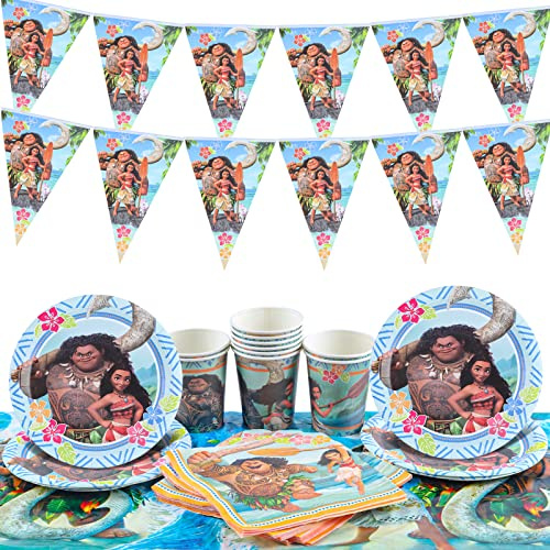 42Pcs Vaisselle Anime, Set Anniversaire Vaian, Decoration Anniversaire Vaia, Party Supplies Décoration Set Comprend Bannière Nappe Assiette Tasse Serviette Papier