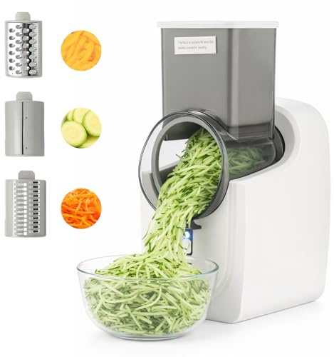 FERNVALE Electric Cheese Grater Automatic Rotary Vegetable & Fruit Slicer with 3 Interchangeable Blades Multi Grater Shredder for Cheese Carrot Cucumber Potato Home Kitchen Food Processor White