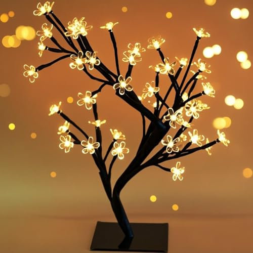 Bright Zeal 18 Battery Operated LED Cherry Blossom Tree Lights (6hr Timer) - Bonsai Lighted Tree - White Metal