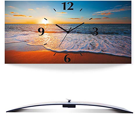 ARTLAND Wanddeko Wanduhr ohne Tickgeräusche Alu Quarzuhr 60x30 cm Rechteckig Lautlos Strand Meer Sonnenuntergang Urlaub Sonne Maritim S7LE