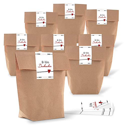 Logbuch-Verlag 10 Geschenktüten mit Sticker Ein kleines Dankeschön 16,5 x 26 x 6,5 cm Danke Geschenk Kunden Mitarbeiter Gäste rot weiß Herzen Kraftpapier natur Beutel