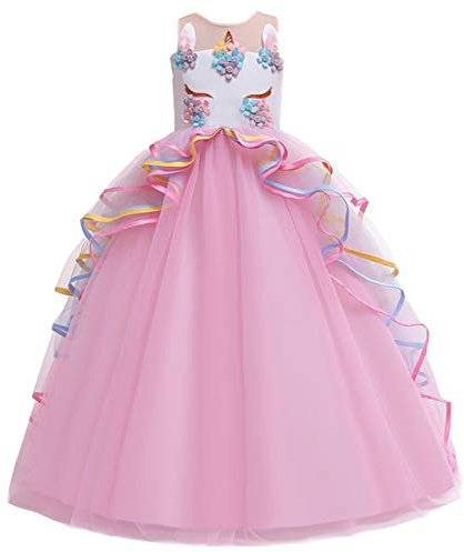 MYRISAM Princesse Fille Licorne Déguisement Robe de Anniversaire Cérémonie Soirée Halloween Carnaval Noël Fête Spectacle Mariage Longue en Tulle Robes Bal Rose 12-13