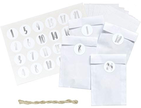 renna deluxe ADVENTSKALENDER zum Befüllen, Silber metallic, Papiertüten in Weiss Handlettering, modern, stilvoll für Männer Hygge Vintage Scandi Stil | Made in Deutschland