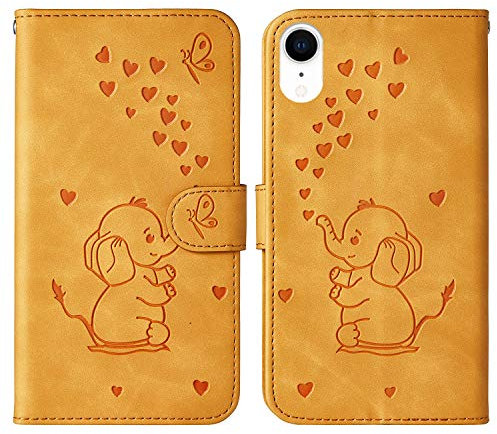 Tiyoo Phone case for iphone XR Embossed Love Heart Elephant Butterfly Pattern Folding Stand PU Leather Wallet Flip Cover Protective Case with Card Slots, Magnetic Closure (Brown)
