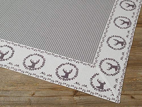 Tischdecke RESI kariert Hirsch Druck grau - Großes Stoff Tischtuch Landhausstil 100 x 100 cm Tischdeko quadratisch - Waschbare Mitteldecke aus 100 % Baumwolle, als moderne Esstischdeko, Weihnachtsdeko