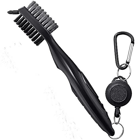 ANCLLO Golfbürste mit Rillenreiniger, Nylon & Stahl, tragbares Golf-Reinigungswerkzeug mit verstellbarem Aluminium-Karabiner zum Aufhängen an der Golftasche, leicht, ergonomisches Design (Schwarz)