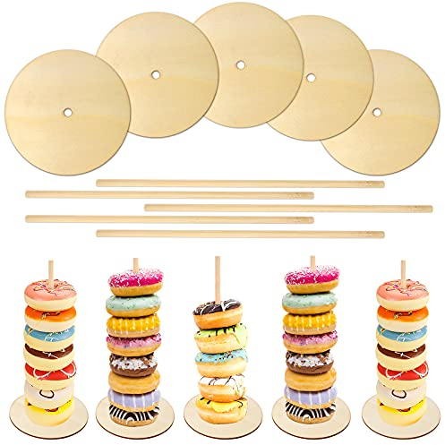 OOTSR 5 Piezas de Madera de Postre Donut Torre Barra de Madera Bagels Pastel Postre Mesa de exhibición Soporte para decoración de Bodas, cumpleaños, Fiestas