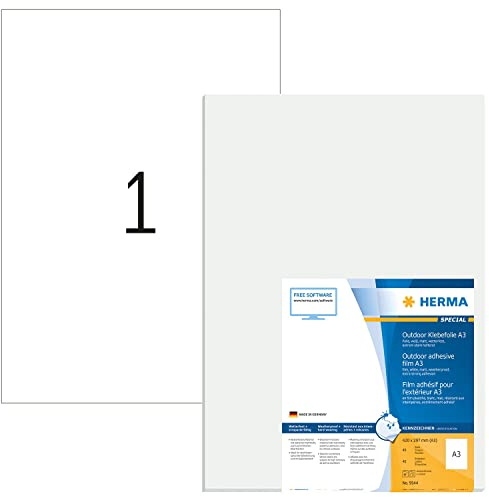 HERMA Self Adhesive Film Labels, 1 Label per A3 Sheet, 280 Sheets, 297 x 420 mm, 280 Labels, Blank Weatherproof Labels Stickers, Sticky Labels for Laser & Inkjet Printer, White