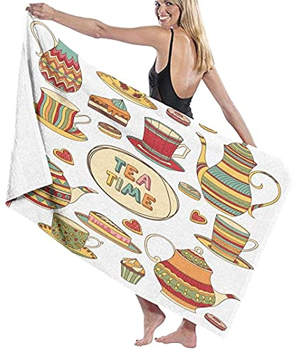 NYIXIA Beach Towels for Adults,Tea Party Cartoon Breakfast Set,Bath Towels Extra Large for Men and Women,52x32 Inches,Microfiber Bath Towel,Outdoor Camping, Gym,Yoga,Travel