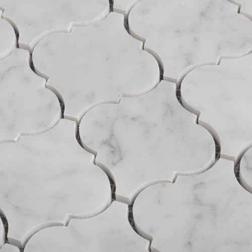 Carrara Mosaikfliese, Marmor, Weiß, 7,6 cm, Arabesque, poliert, 5 Blatt | Natürliche Bianco Carrera, Marmorstein, Fliesenspiegel für Küche, Bad, Duschwand und Boden