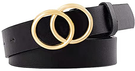 QH-Shop Mädchen Ledergürtel Kids Leather Belts Mode Schwarz Weichen Kunstleder mit Schnalle Doppel O-Ring Verstellbarem Einzigartig Design für Frauen Damen Kleider Jeans Hose Uniform