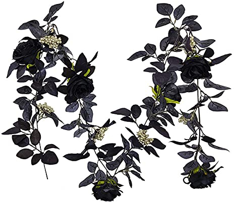 LEMCC 180 cm künstliche schwarze Rosenranke Halloween schwarze Blätter Girlande mit Rose Blume Beeren hängende schwarze Seidenblumengirlande für Zuhause Hochzeit Party Kamin