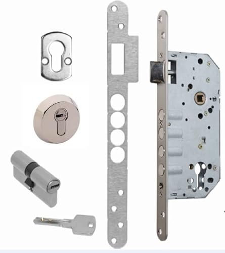 cerradura embutir de seguridad 4 bulones entrada de 50mm distancia entre ejes 85mm, cantos redondos, bombillo con 5 llaves de seguridad incluido (níquel satinado)