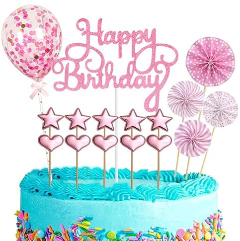 16Pcs Happy Birthday Cake Topper Pink for Kids,Boy,Girl,Men,Women,Glitter personalised Cake Topper Cupcake Toppers,Cake Toppers Kit Birthday Cake Decorations for Him,Her,Happy Birthday Sign for Cake