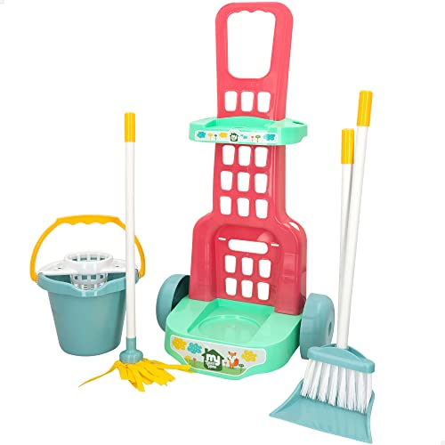 COLORBABY 45714 - Carrito de limpieza de juguete My Sweet Home / Incluye 5 piezas: escoba de juguete, recogedor, mopa y cubo / Carro de limpieza para niños