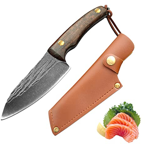 Fubinaty Chef's Knife 4 Inch BBQ Knife Handmade Forged Small Kitchen Knife High Carbon Steel Fruit Knife with Full Tang Wood Handle and Sheath for Home, Restaurant