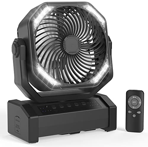 20000mAh Camping Fan with LED Light, Auto-Oscillating Desk Fan with Remote & Hook, Rechargeable Battery Operated Tent Fan, 4 Speeds 4 Timers USB Fan for Camping Jobsite Hurricane Emergency-Black