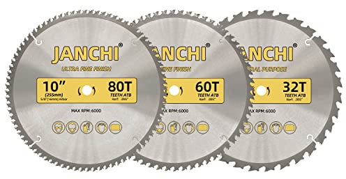 Janchi 3-Pack Combo 10-Inch 32T & 60T & 80T Woodworking Saw Blades with 5/8 Arbor, .095 Thin Kerf Alternating Top Bevel Tungsten Carbide Teeth Miter/Table Saw Blade Ideal for Various Woods Cutting