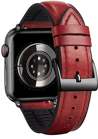 BINLUN Kompatibel mit Apple Watch Armband 42mm 41mm 40mm 38mm Lederarmband Ölwachsleder Silikon Ersatzarmband Passt für iWatch SE3/2/1 Series 11 10 9 8 7 6 5 4 3 2 1(Rot-Schwarz)